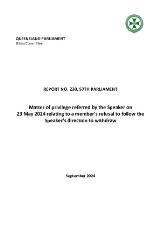 Thumbnail - Matter of privilege referred by the Speaker on 23 May 2024 relating to a member's refusal to follow the Speaker's direction to withdraw.