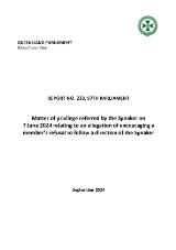 Thumbnail - Matter of privilege referred by the Speaker on 7 June 2024 relating to an allegation of encouraging a member's refusal to follow a direction of the Speaker.